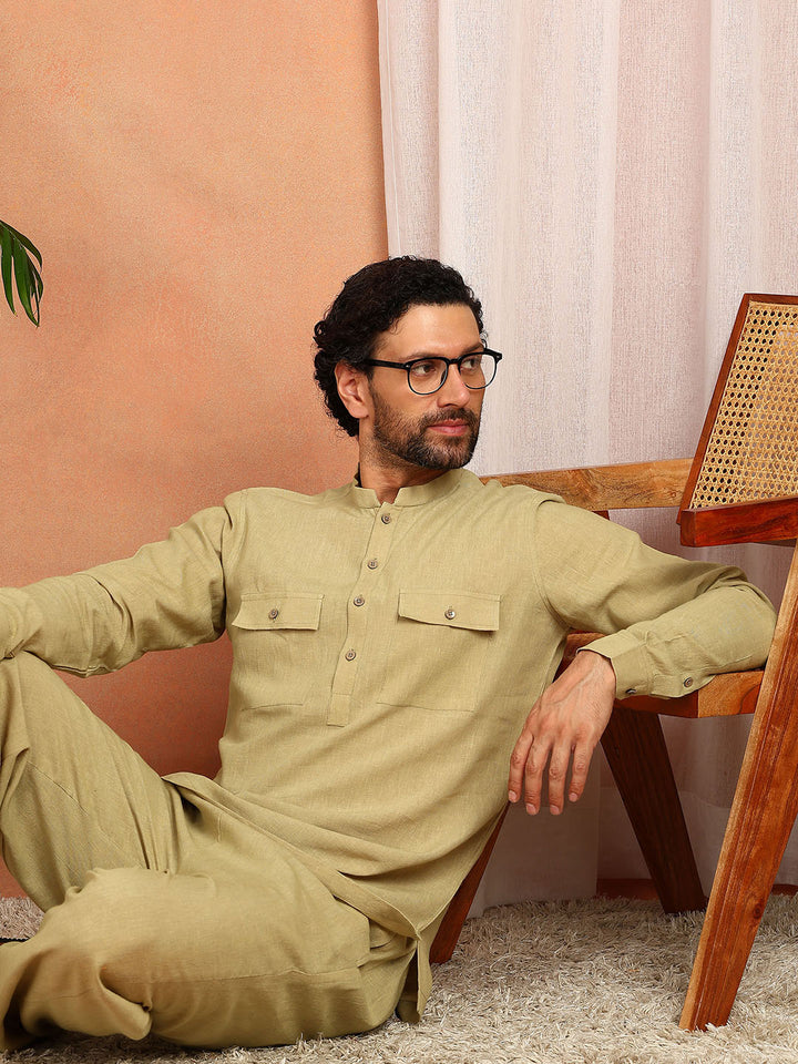 Men's khaki Linen Solid Pathani Co-ord Set