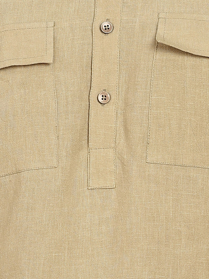 Men's khaki Linen Solid Pathani Co-ord Set