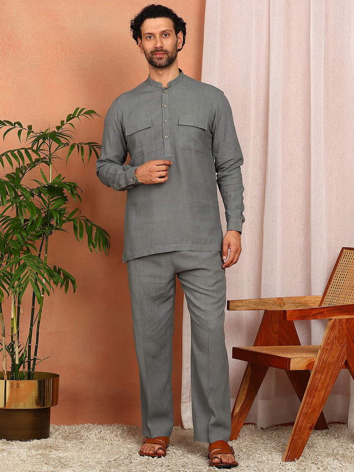 Men's Gray Linen Solid Pathani Co-ord Set