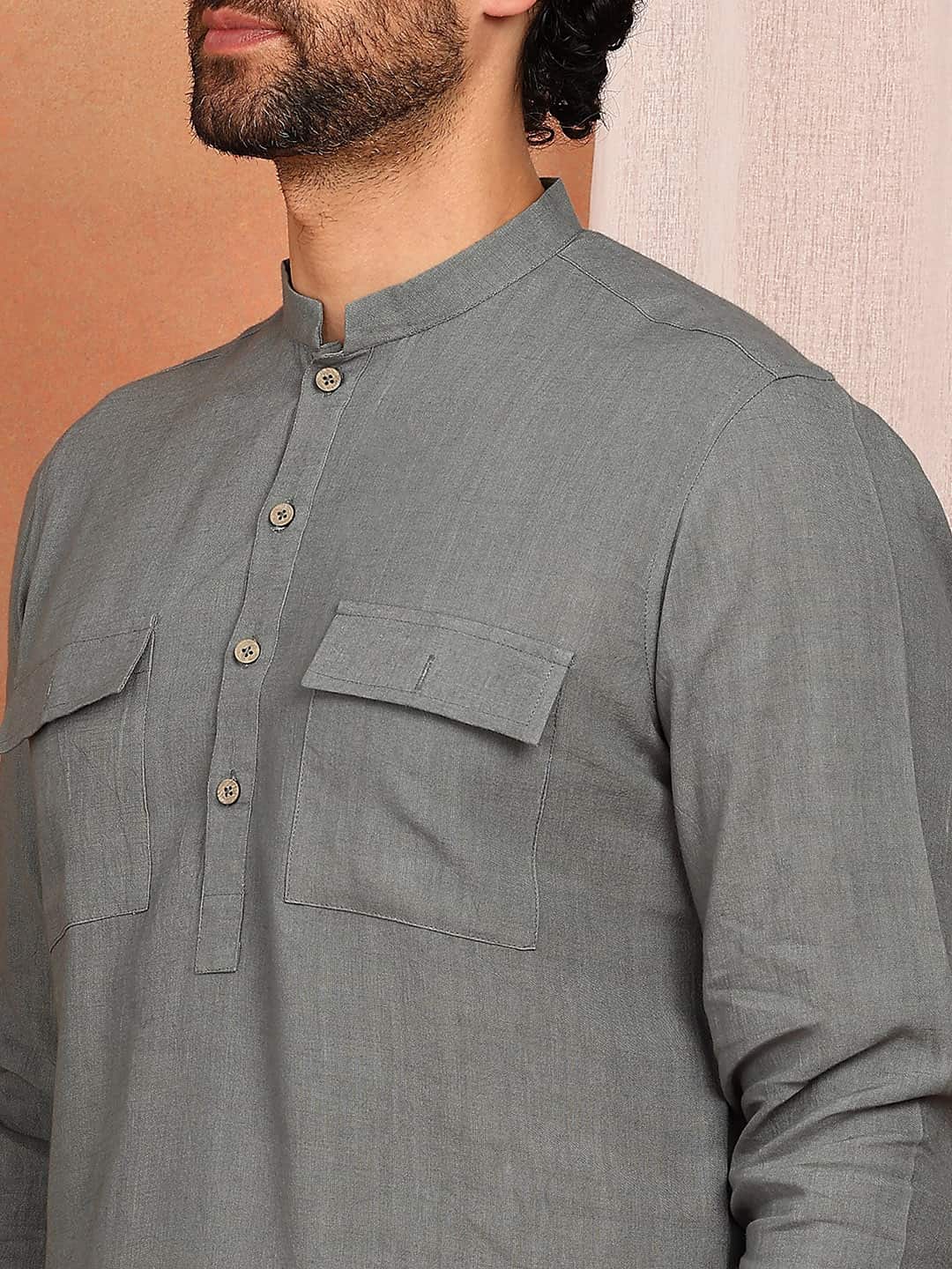 Men's Gray Linen Solid Pathani Co-ord Set