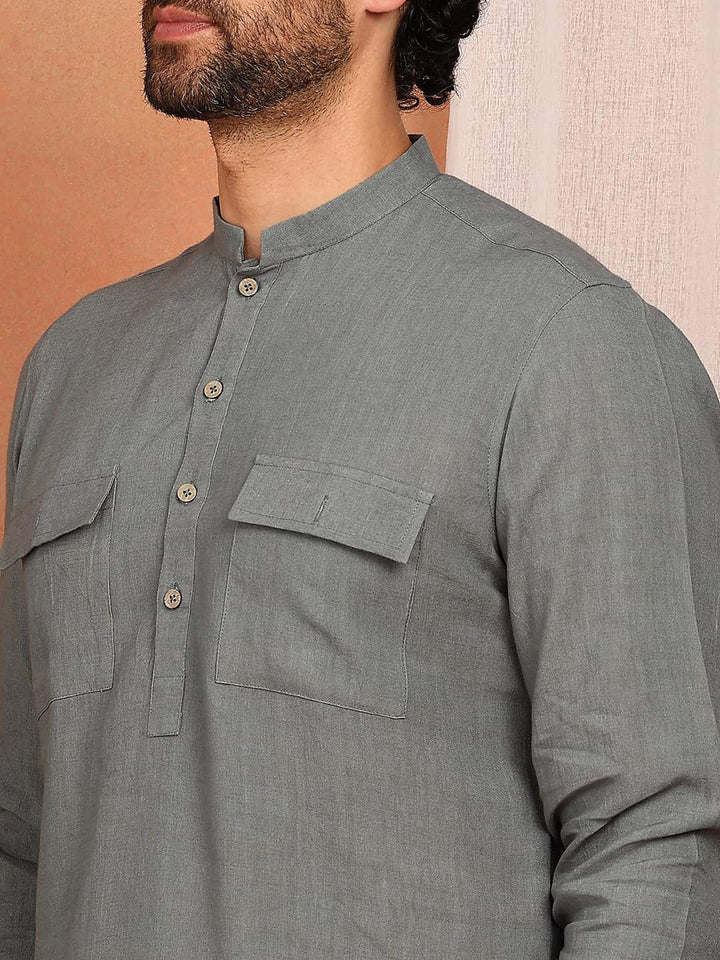 Men's Gray Linen Solid Pathani Co-ord Set