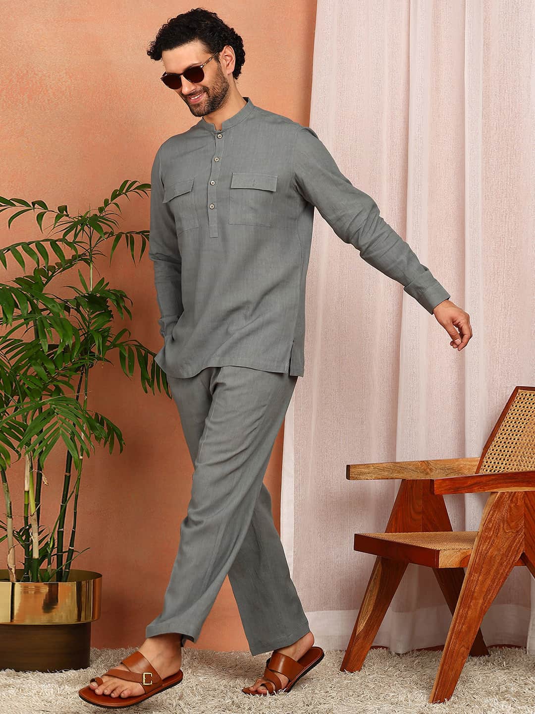 Men's Gray Linen Solid Pathani Co-ord Set