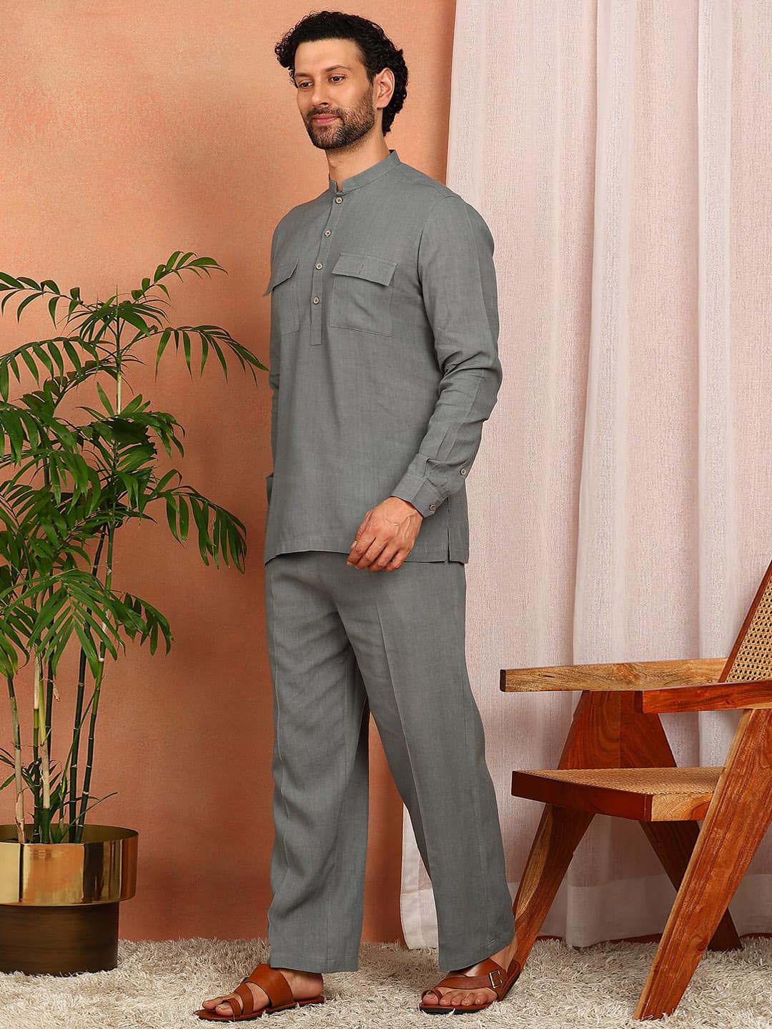 Men's Gray Linen Solid Pathani Co-ord Set