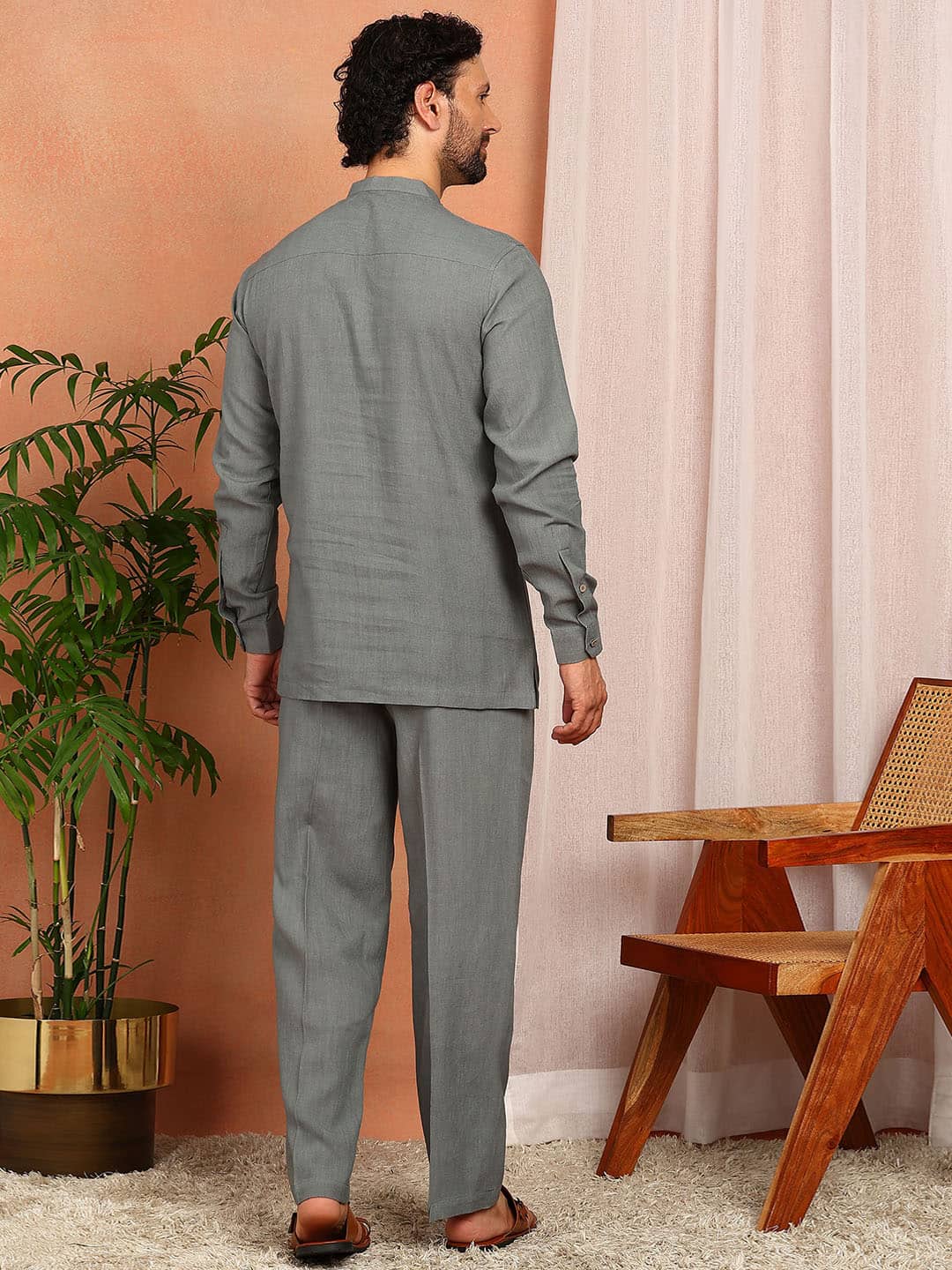 Men's Gray Linen Solid Pathani Co-ord Set