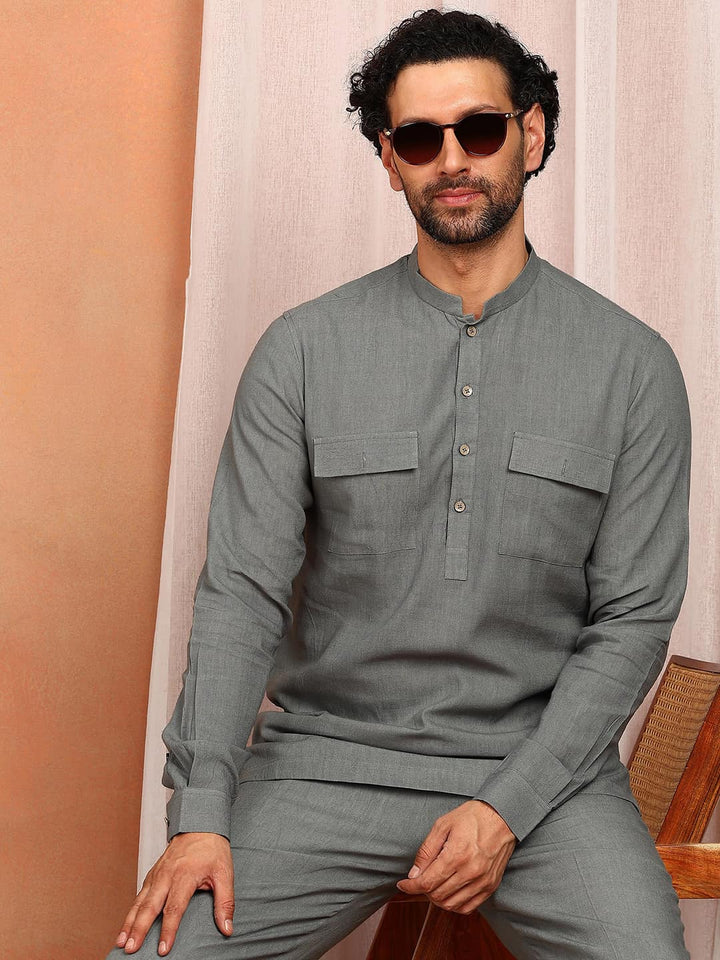 Men's Gray Linen Solid Pathani Co-ord Set