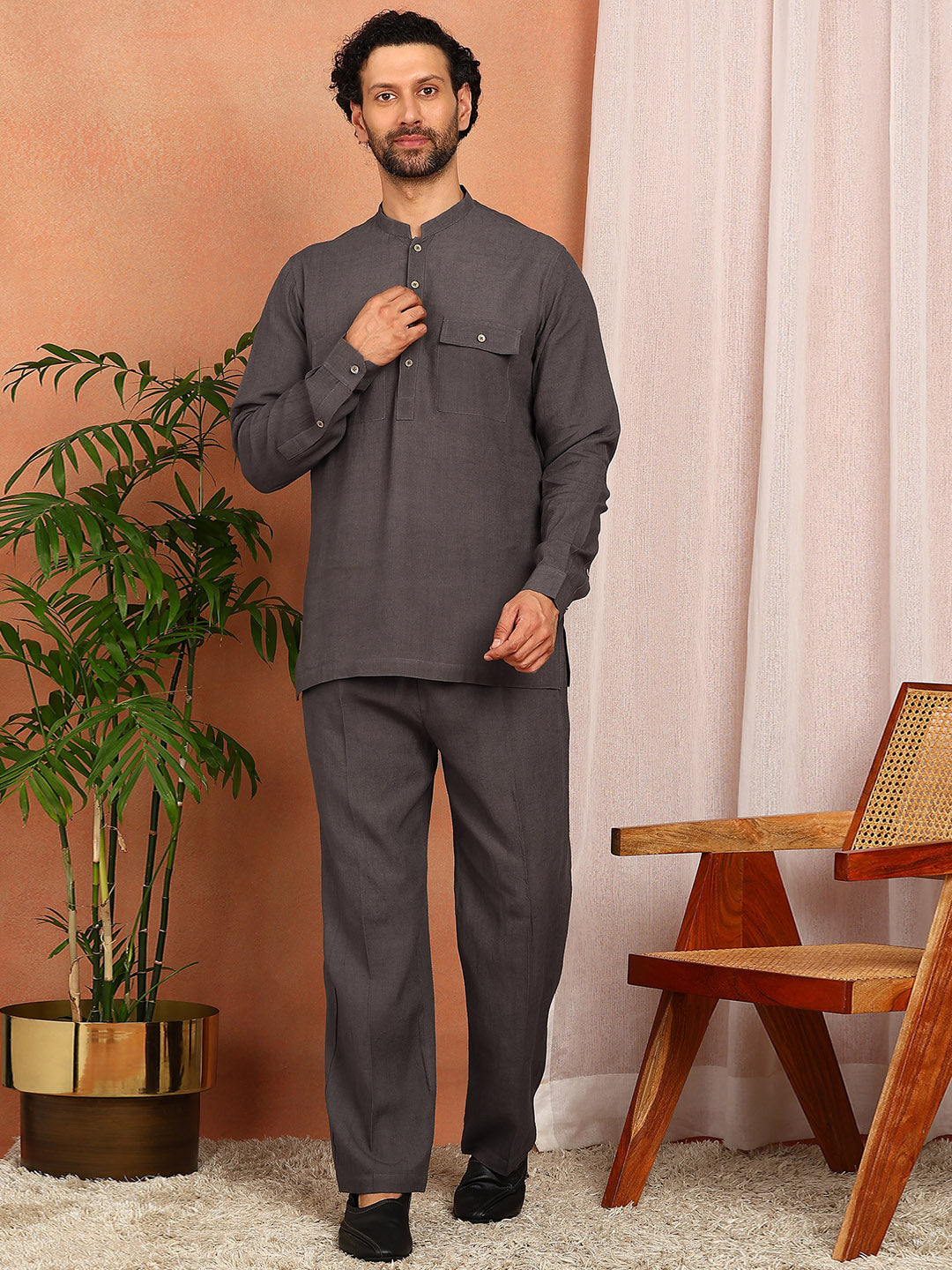 Dark Gray Linen Solid Pathani Co-ord Set