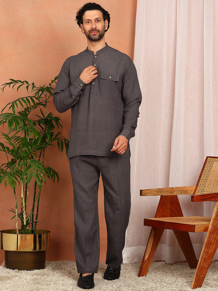 Dark Gray Linen Solid Pathani Co-ord Set