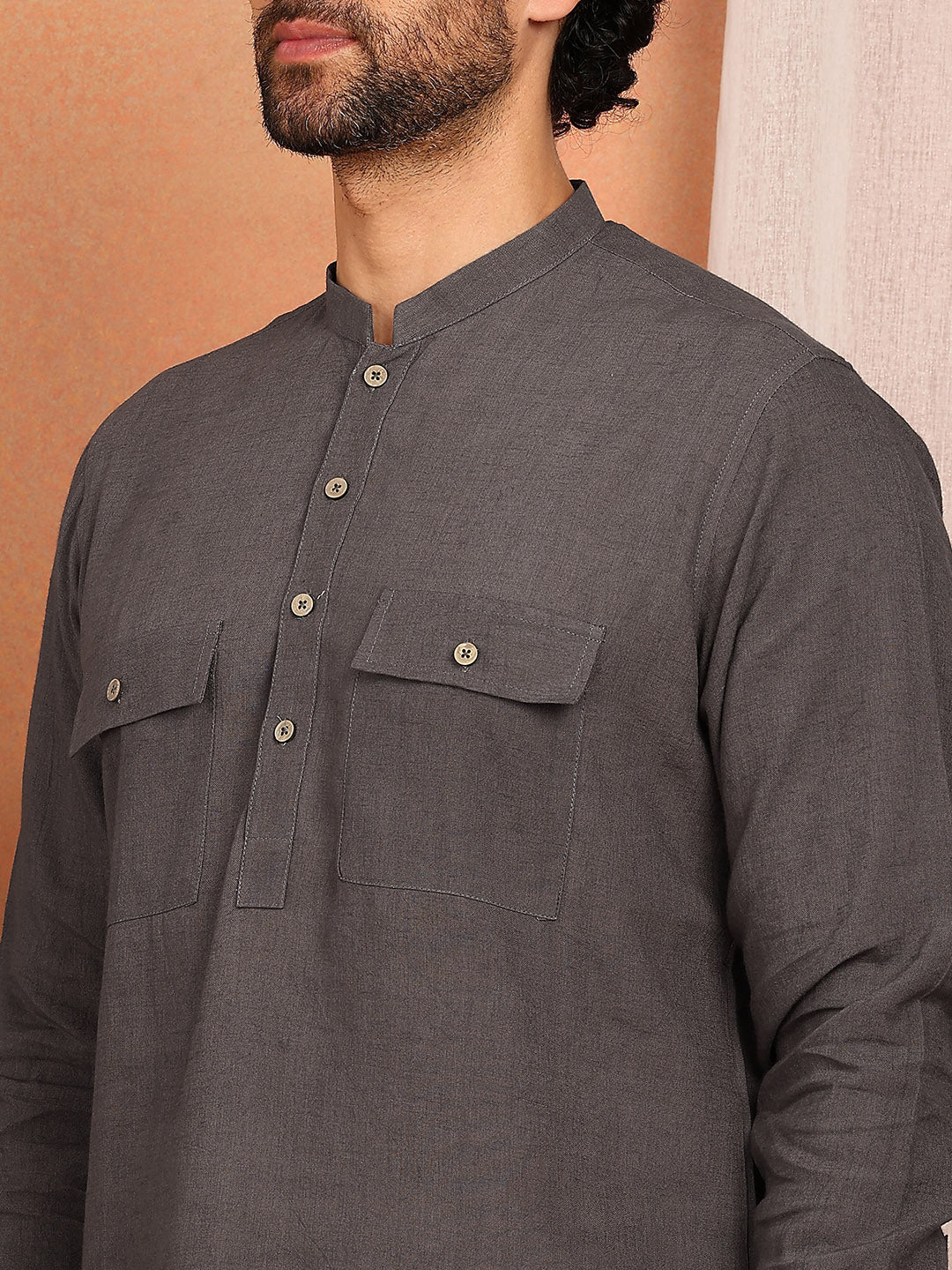 Dark Gray Linen Solid Pathani Co-ord Set