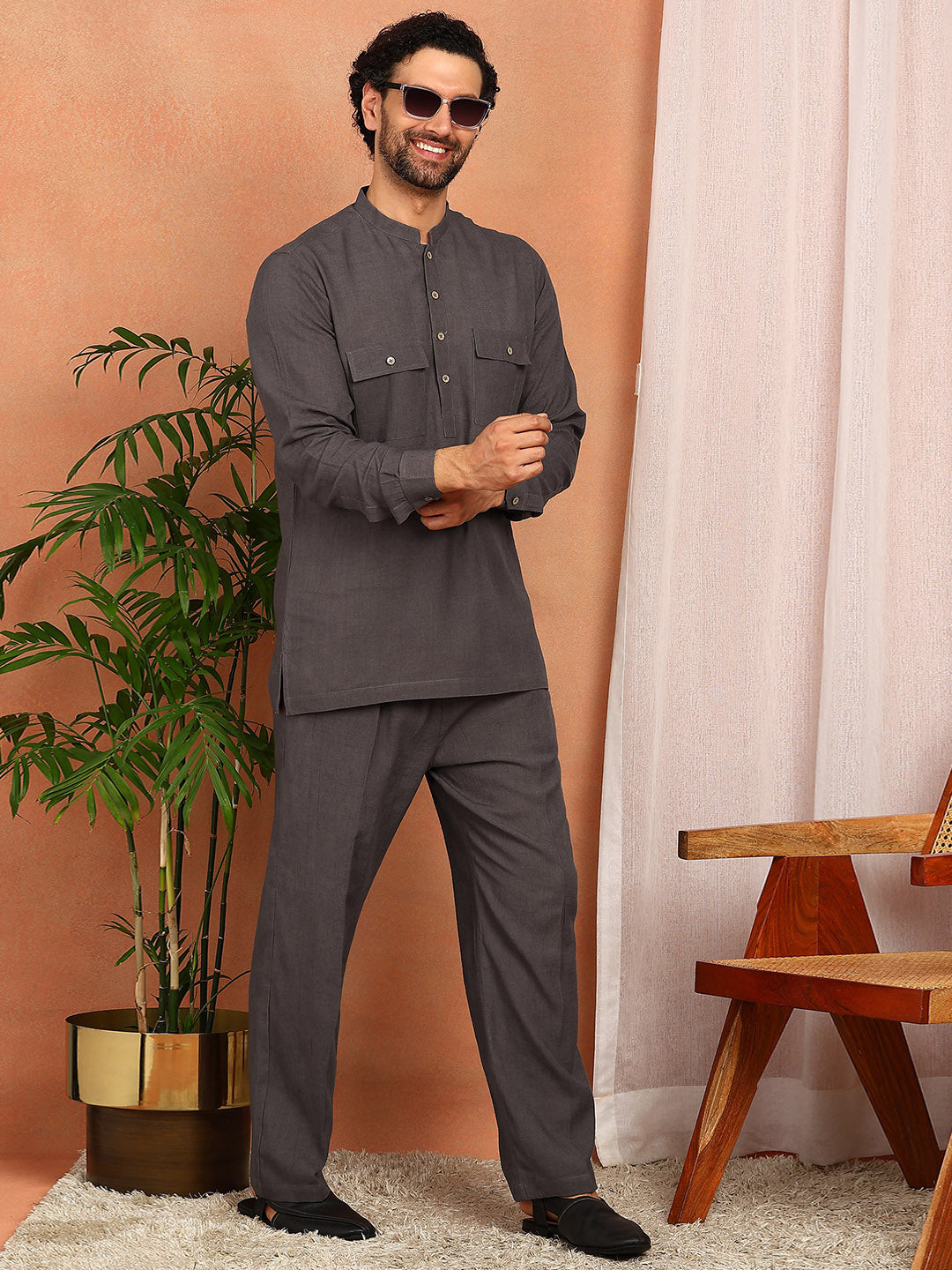 Dark Gray Linen Solid Pathani Co-ord Set
