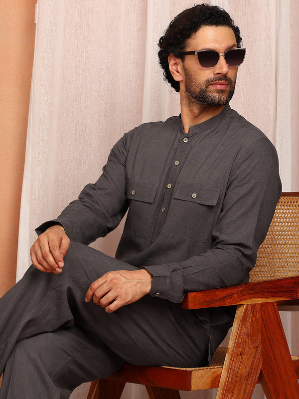 Dark Gray Linen Solid Pathani Co-ord Set – Gray | Linen