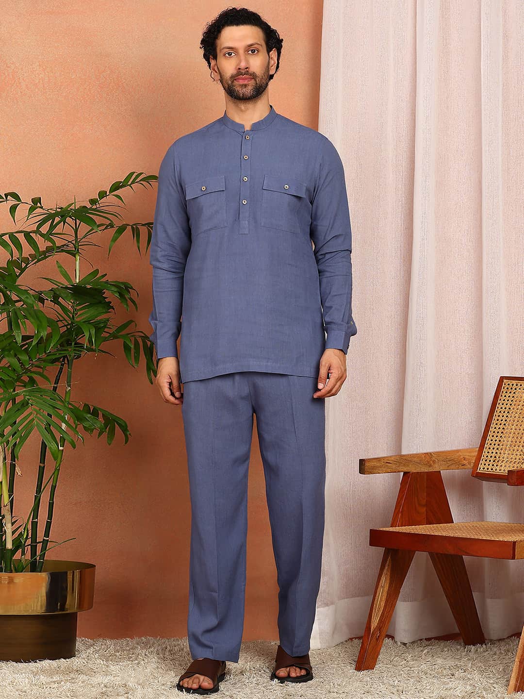 Men's Blue Linen Solid Pathani Co-ord Set
