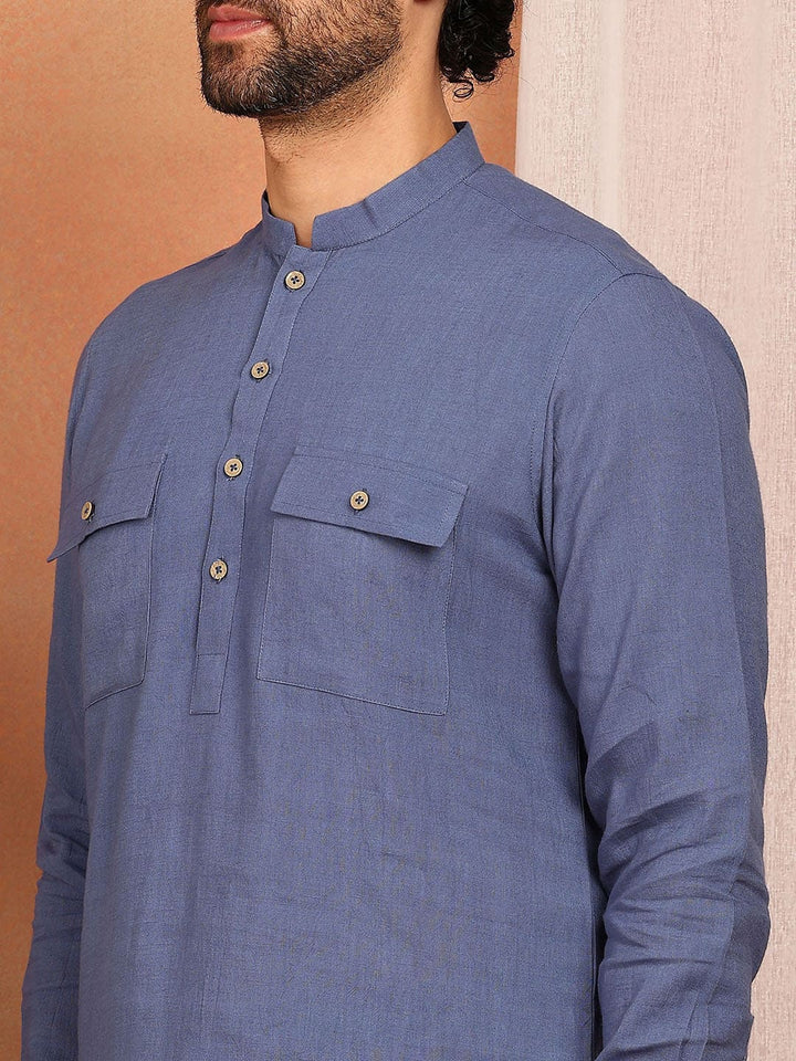 Men's Blue Linen Solid Pathani Co-ord Set