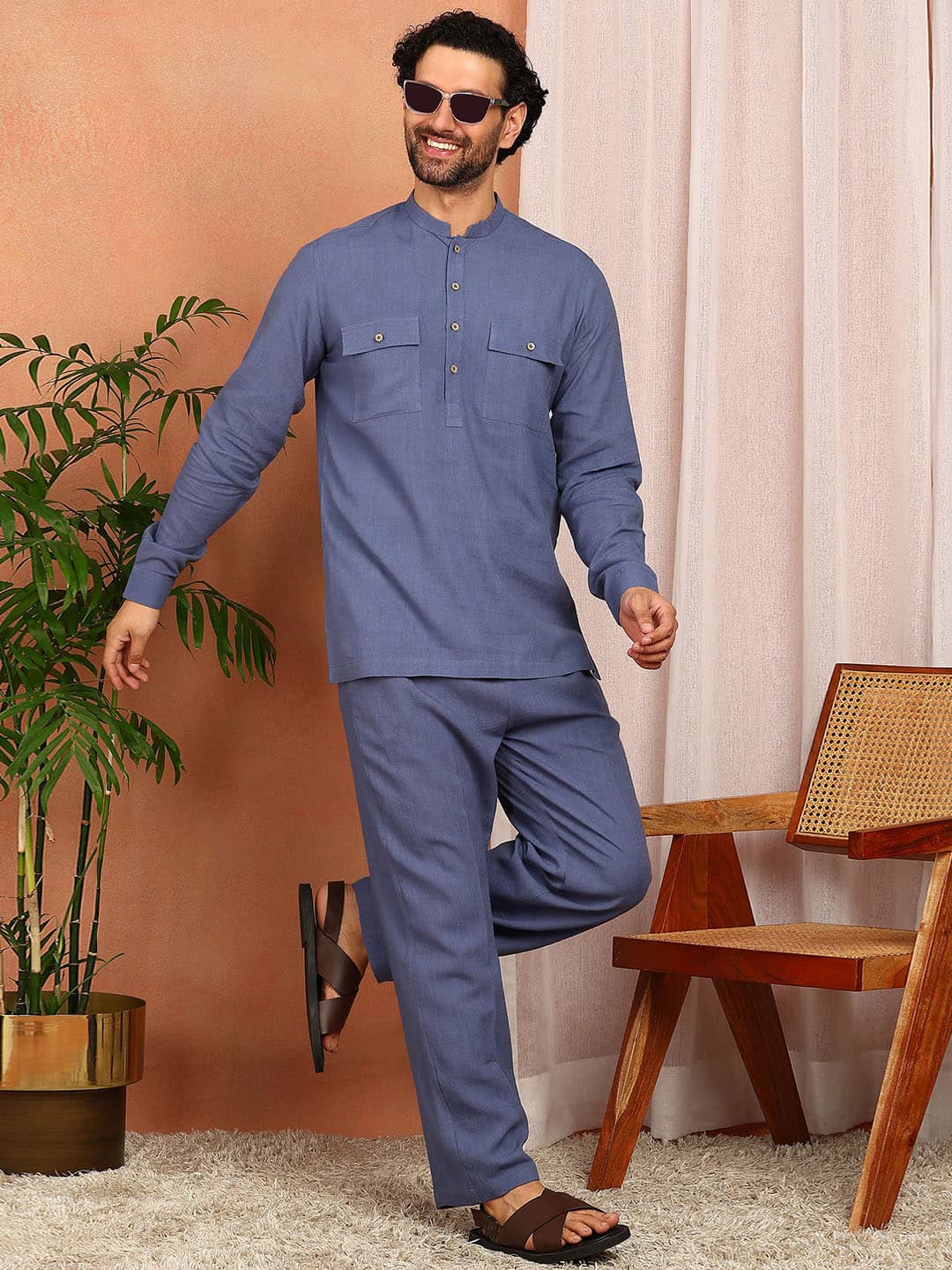 Men's Blue Linen Solid Pathani Co-ord Set