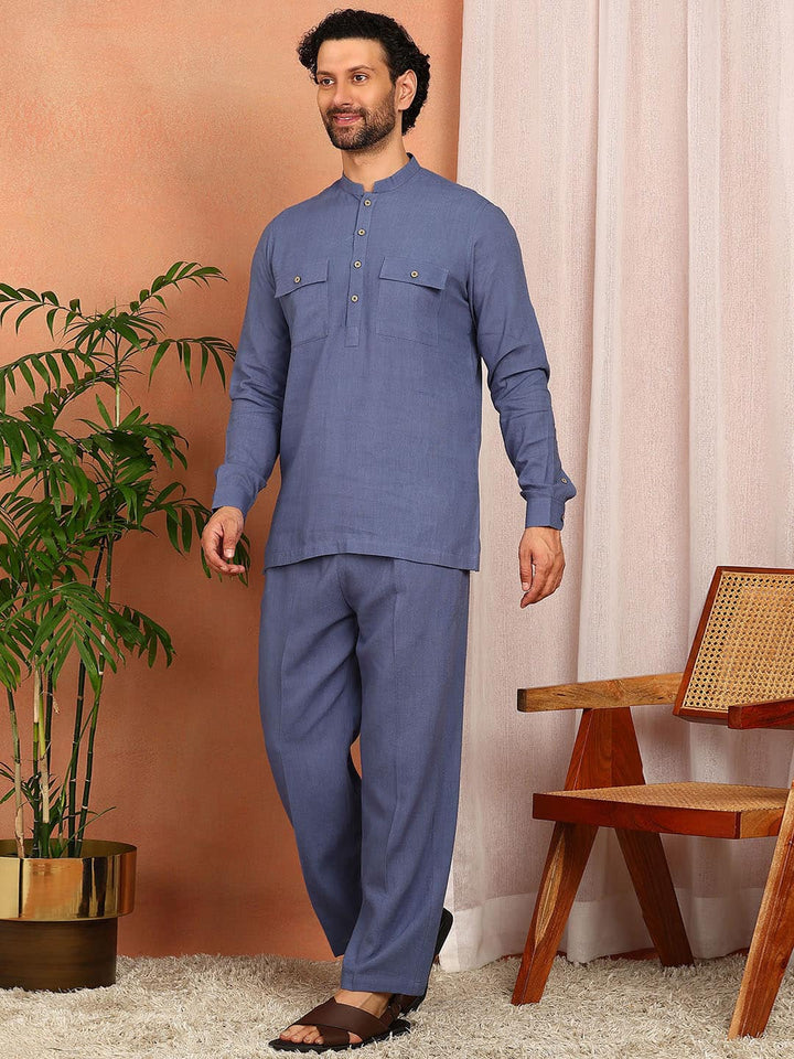 Men's Blue Linen Solid Pathani Co-ord Set