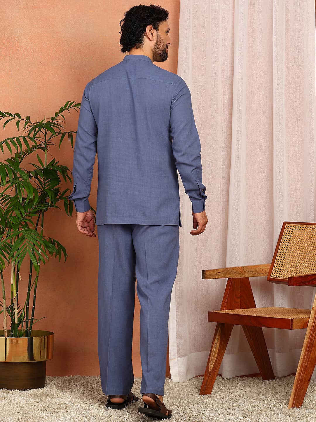 Men's Blue Linen Solid Pathani Co-ord Set