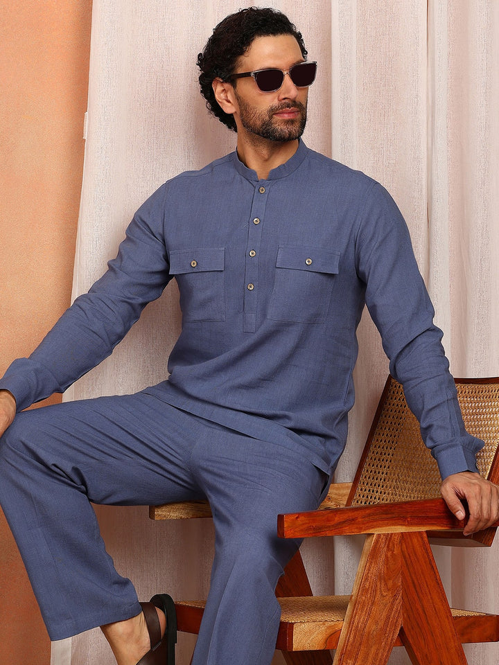 Men's Blue Linen Solid Pathani Co-ord Set