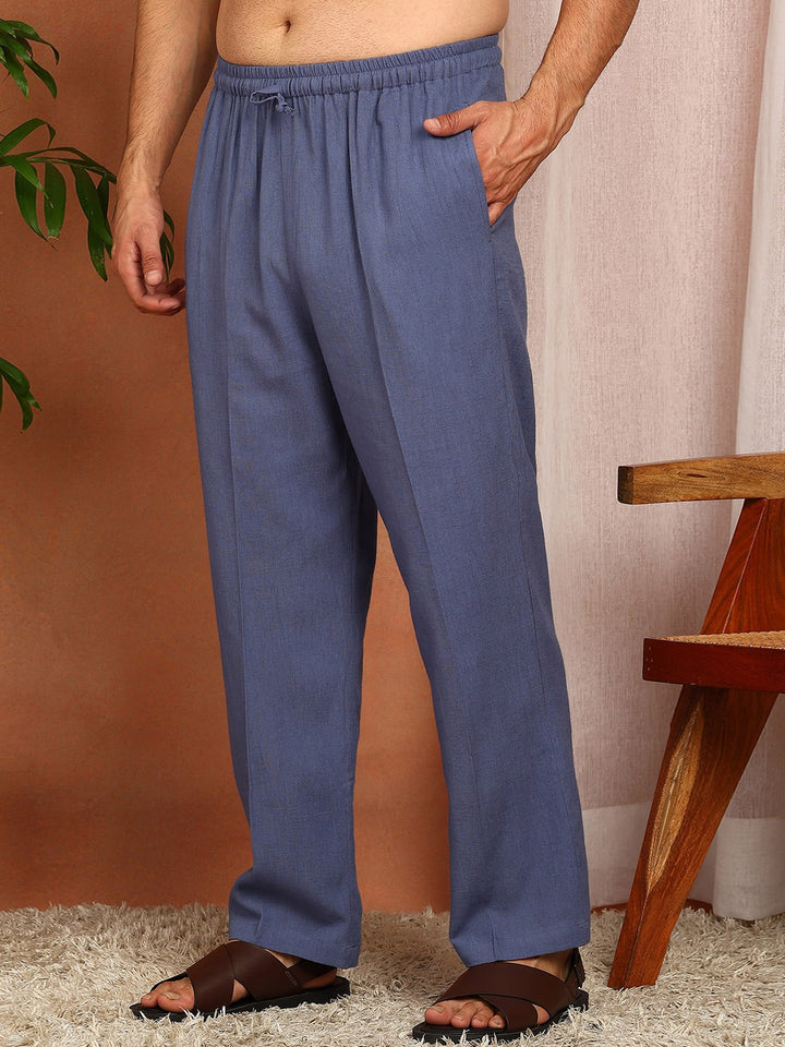 Men's Blue Linen Solid Pathani Co-ord Set