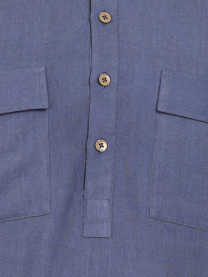 Men's Blue Linen Solid Pathani Co-ord Set