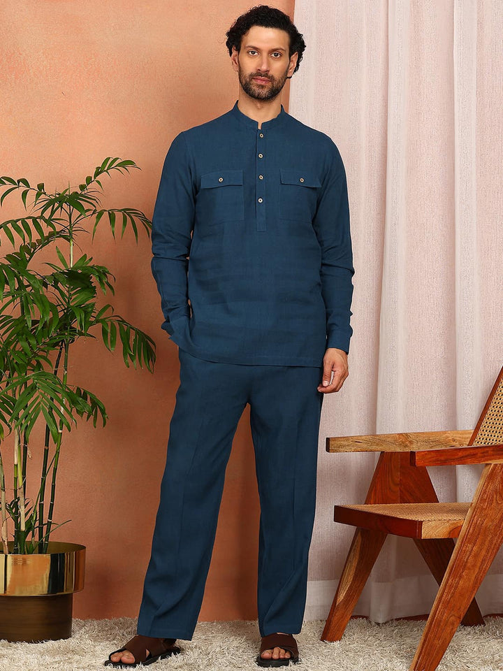 Men's Royal Blue Linen Solid Pathani Co-ord Set