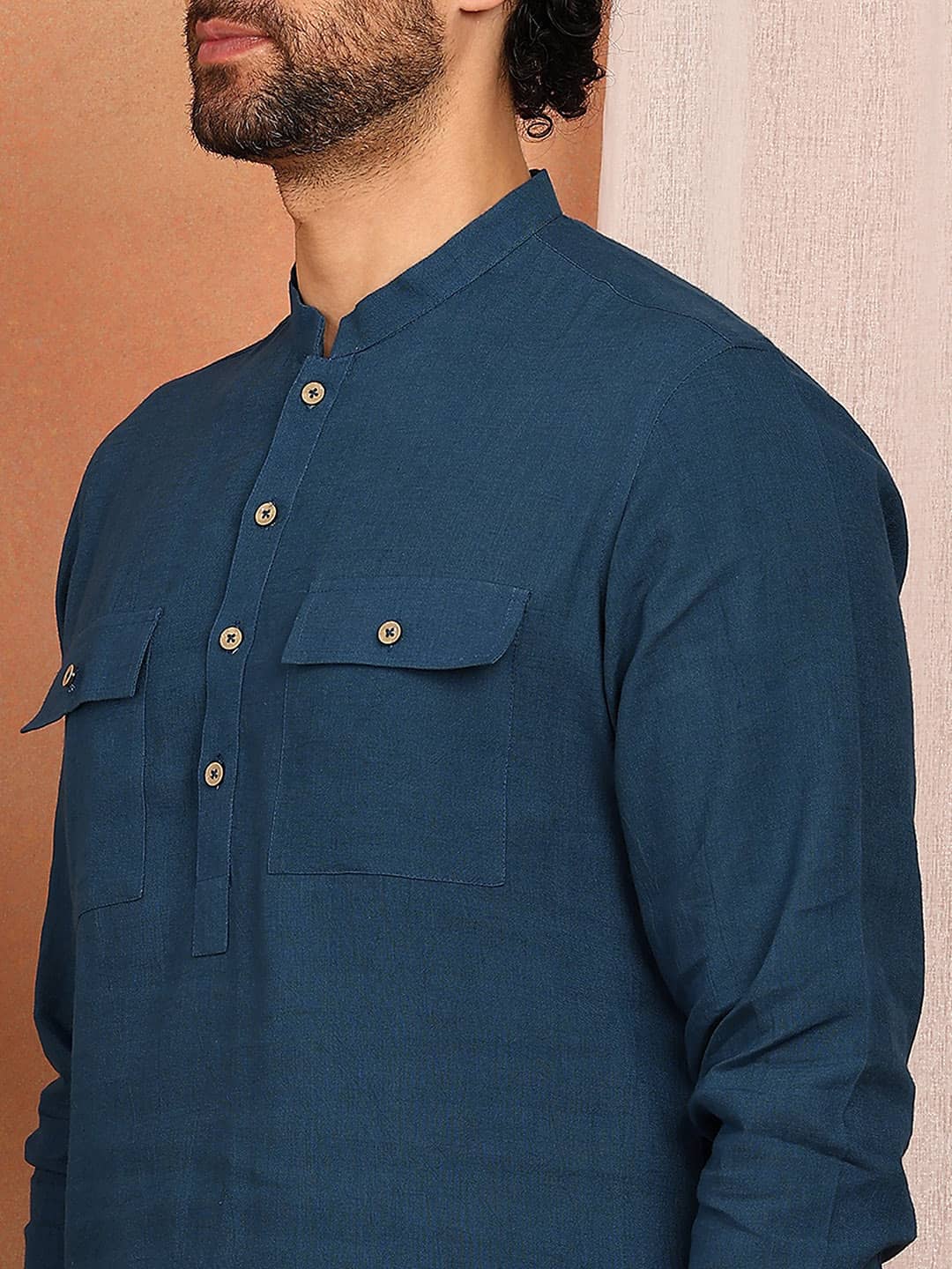 Men's Royal Blue Linen Solid Pathani Co-ord Set