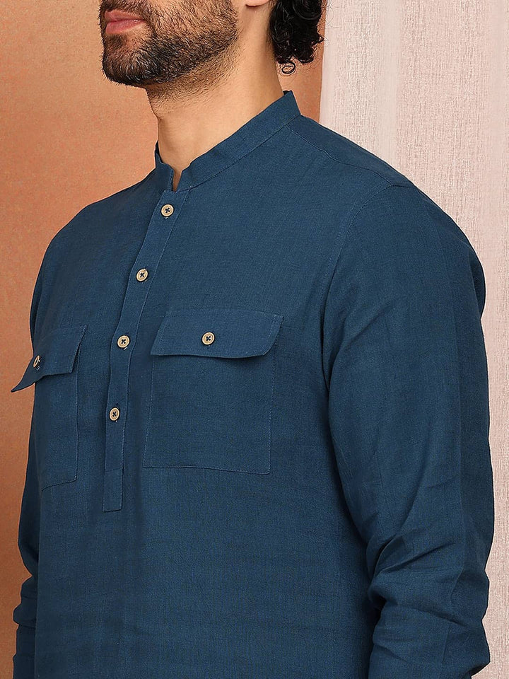 Men's Royal Blue Linen Solid Pathani Co-ord Set