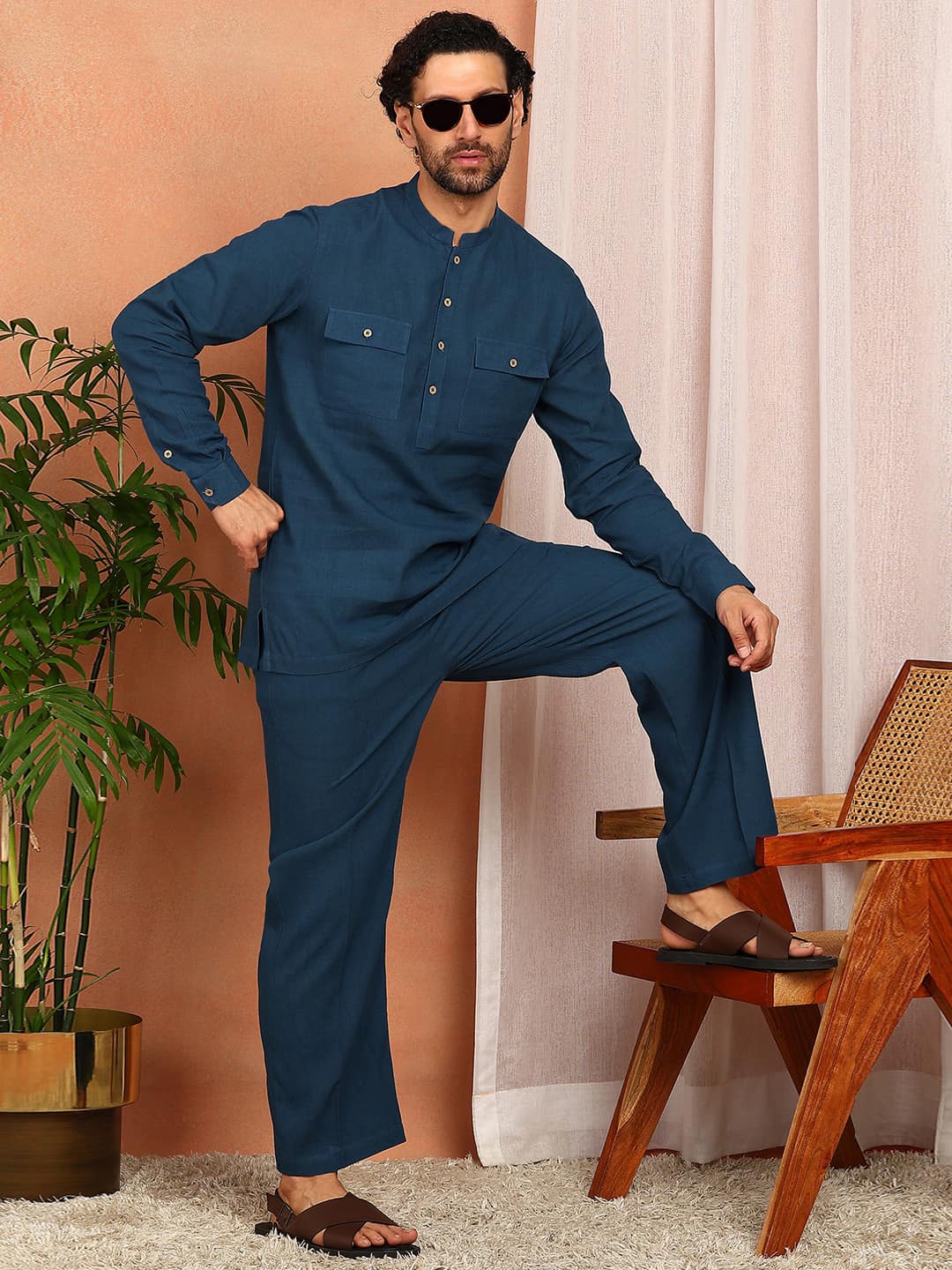Men's Royal Blue Linen Solid Pathani Co-ord Set