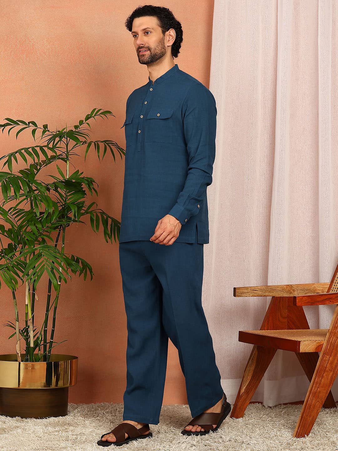 Men's Royal Blue Linen Solid Pathani Co-ord Set