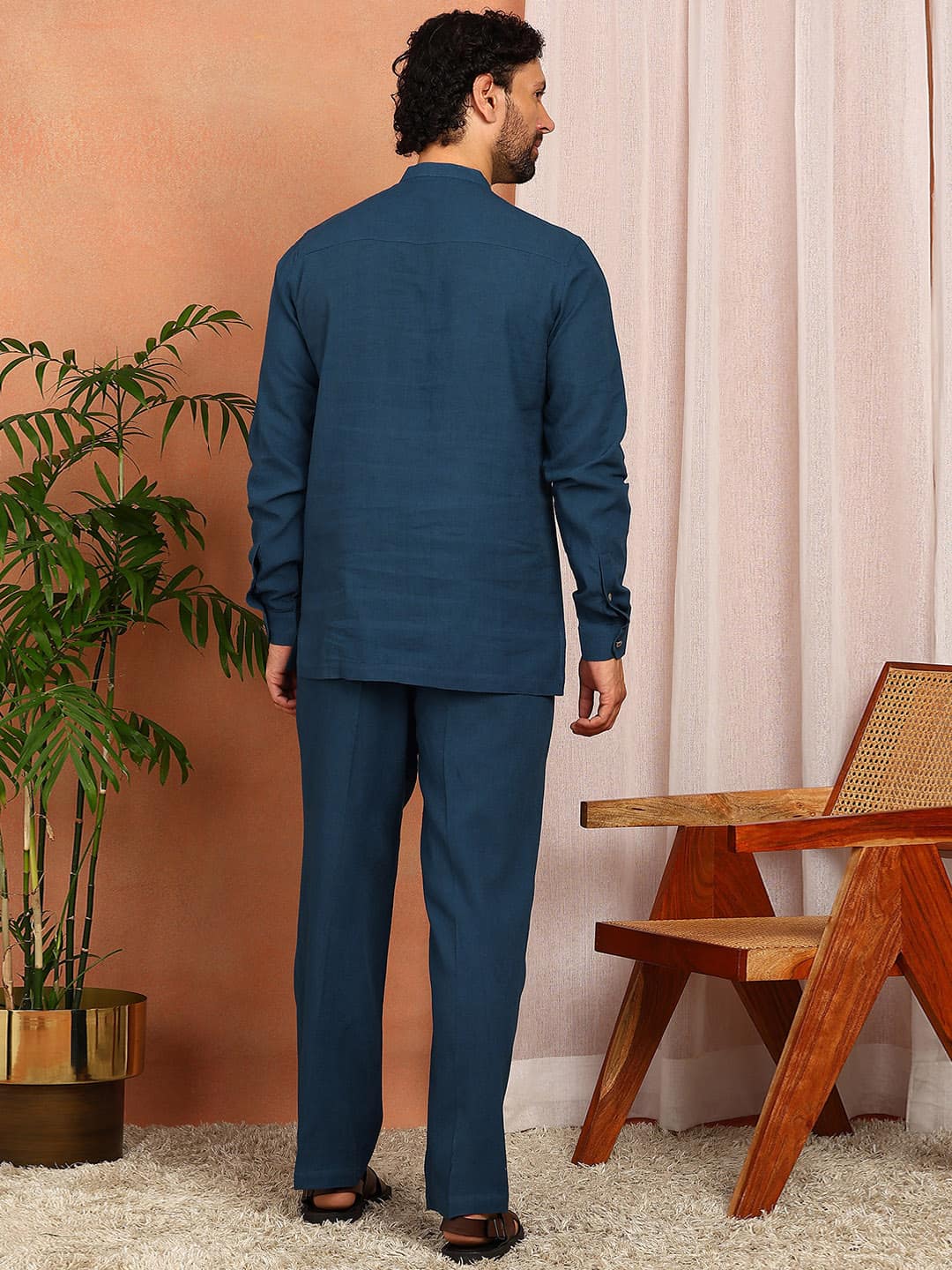 Men's Royal Blue Linen Solid Pathani Co-ord Set