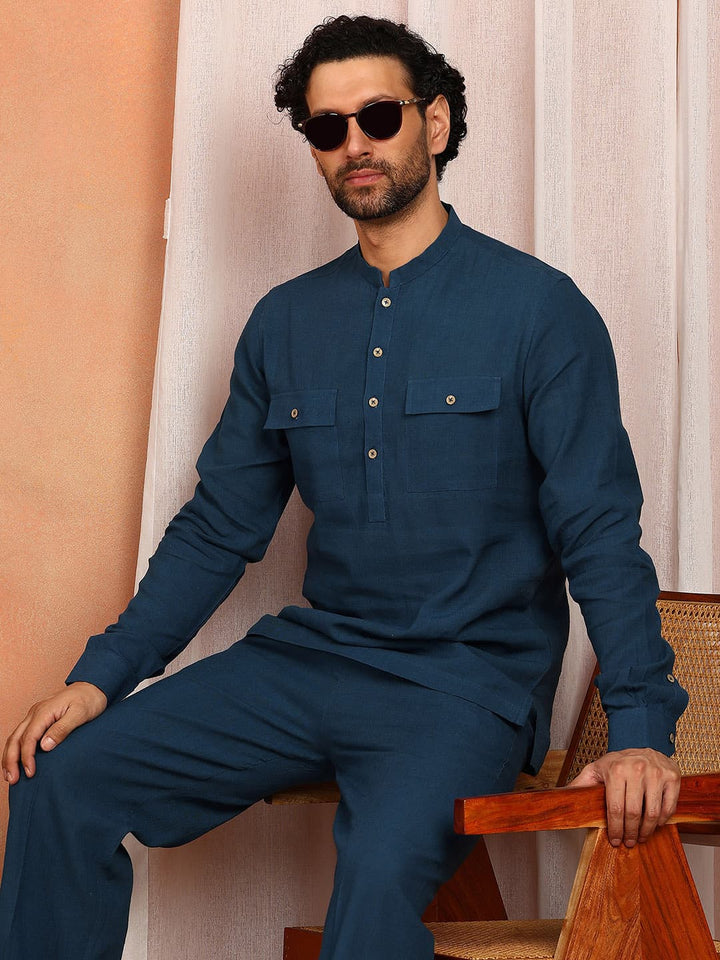 Men's Royal Blue Linen Solid Pathani Co-ord Set