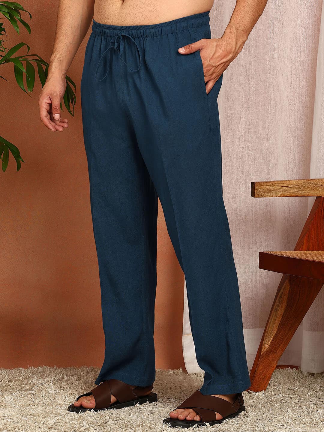 Men's Royal Blue Linen Solid Pathani Co-ord Set