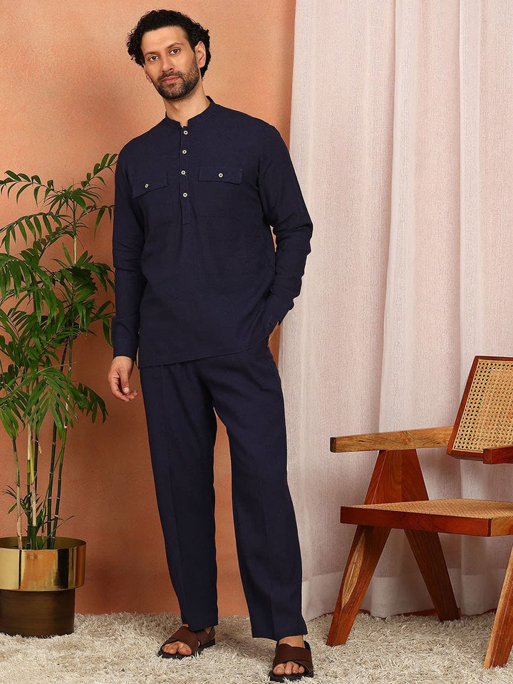 Men's Navy Blue Linen Solid Pathani Co-ord Set