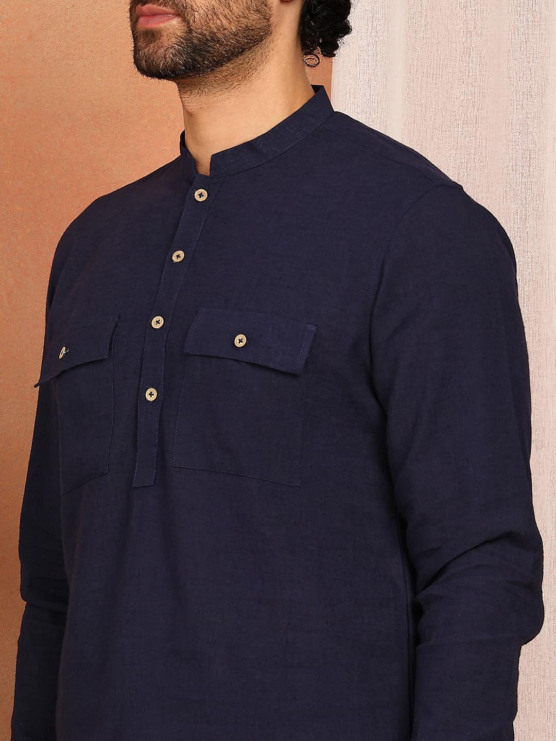 Men's Navy Blue Linen Solid Pathani Co-ord Set