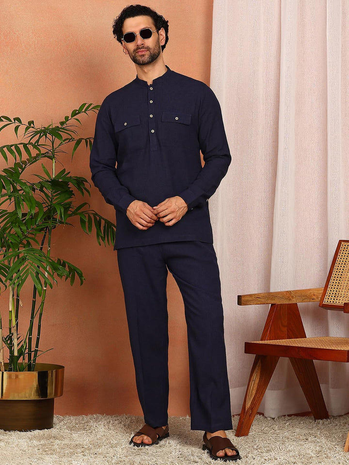 Men's Navy Blue Linen Solid Pathani Co-ord Set