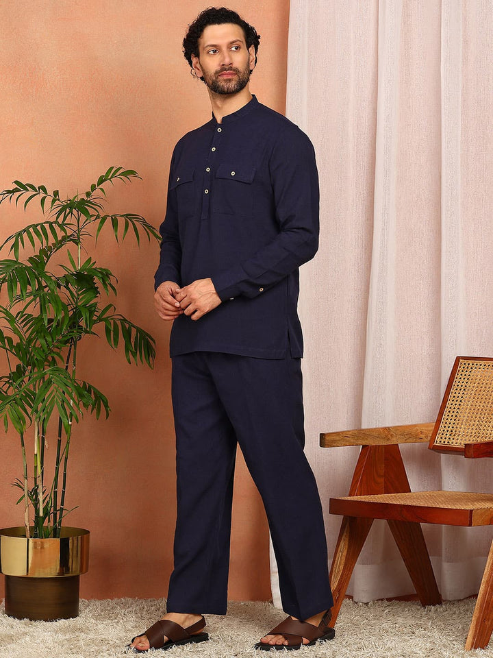 Men's Navy Blue Linen Solid Pathani Co-ord Set
