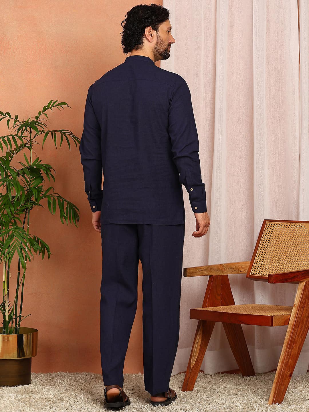 Men's Navy Blue Linen Solid Pathani Co-ord Set