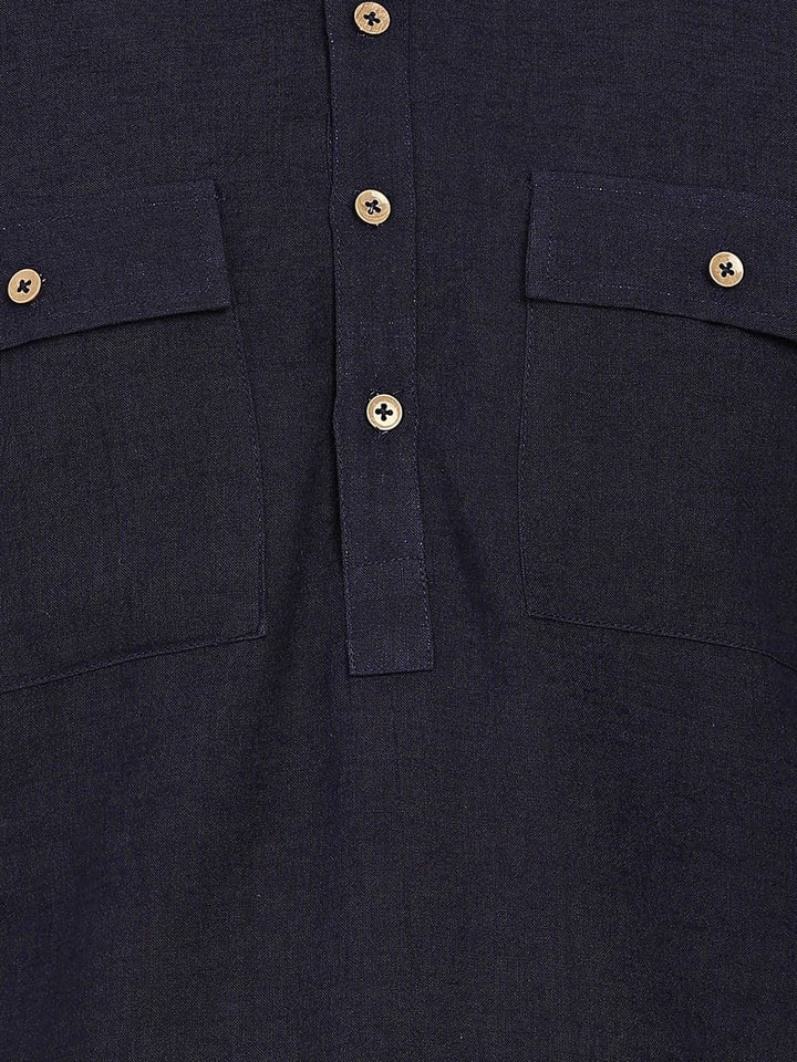 Men's Navy Blue Linen Solid Pathani Co-ord Set