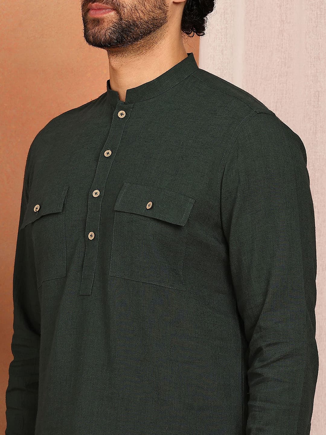 Men's Dark Green Linen Solid Pathani Co-ord Set