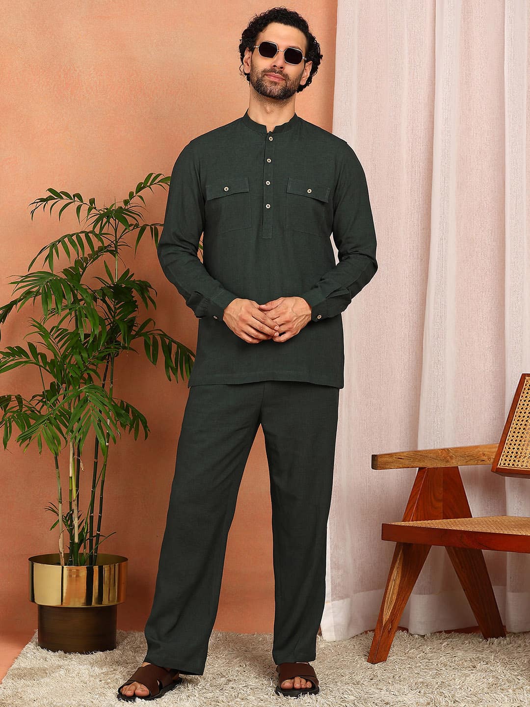 Men's Dark Green Linen Solid Pathani Co-ord Set