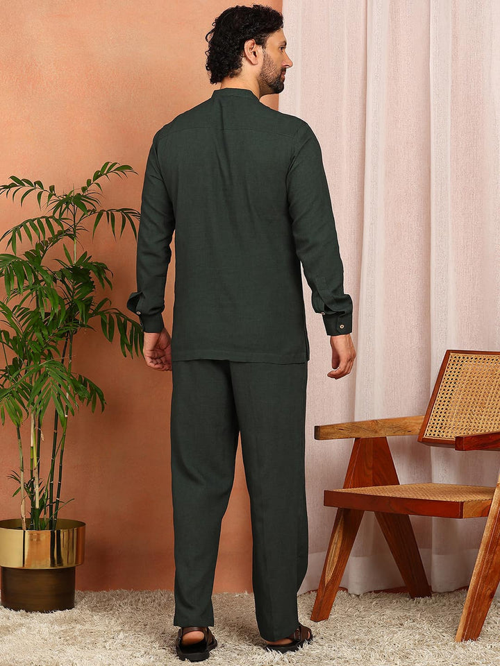 Men's Dark Green Linen Solid Pathani Co-ord Set