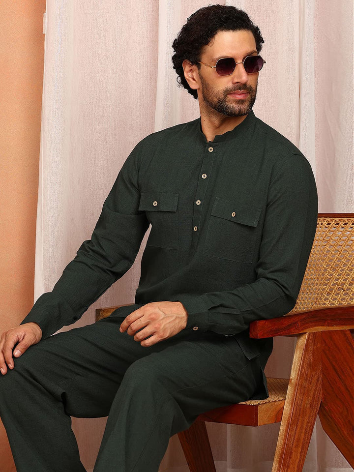 Men's Dark Green Linen Solid Pathani Co-ord Set