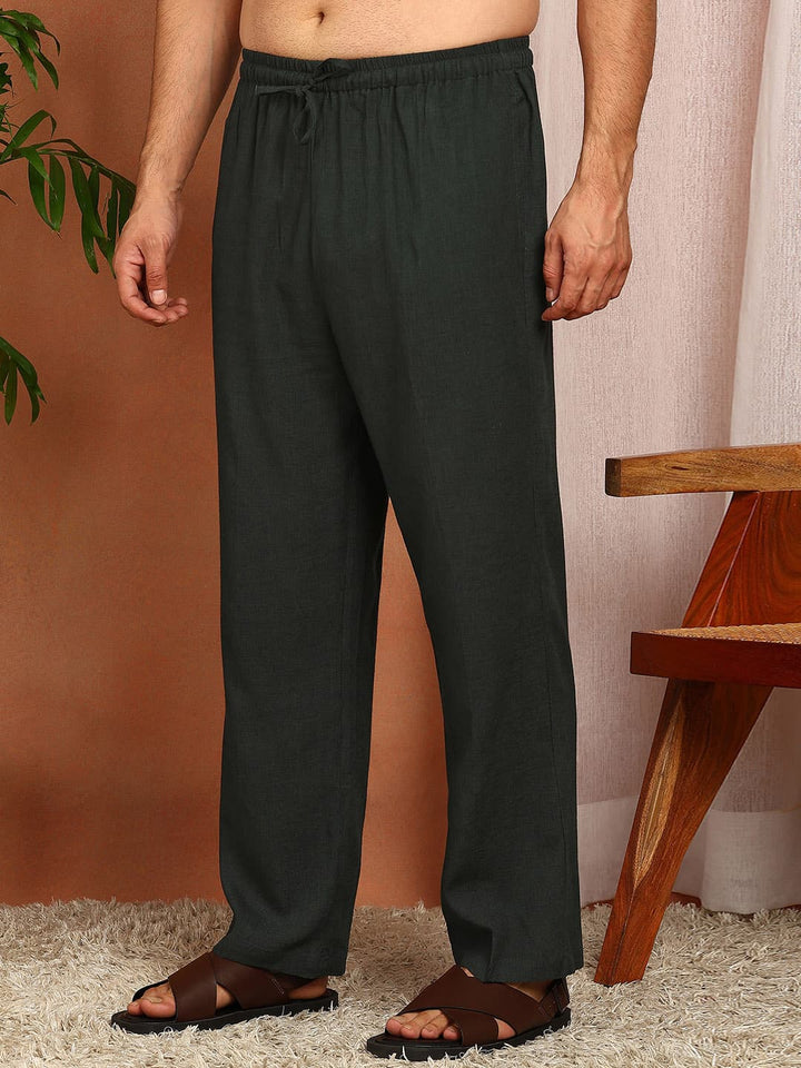 Men's Dark Green Linen Solid Pathani Co-ord Set