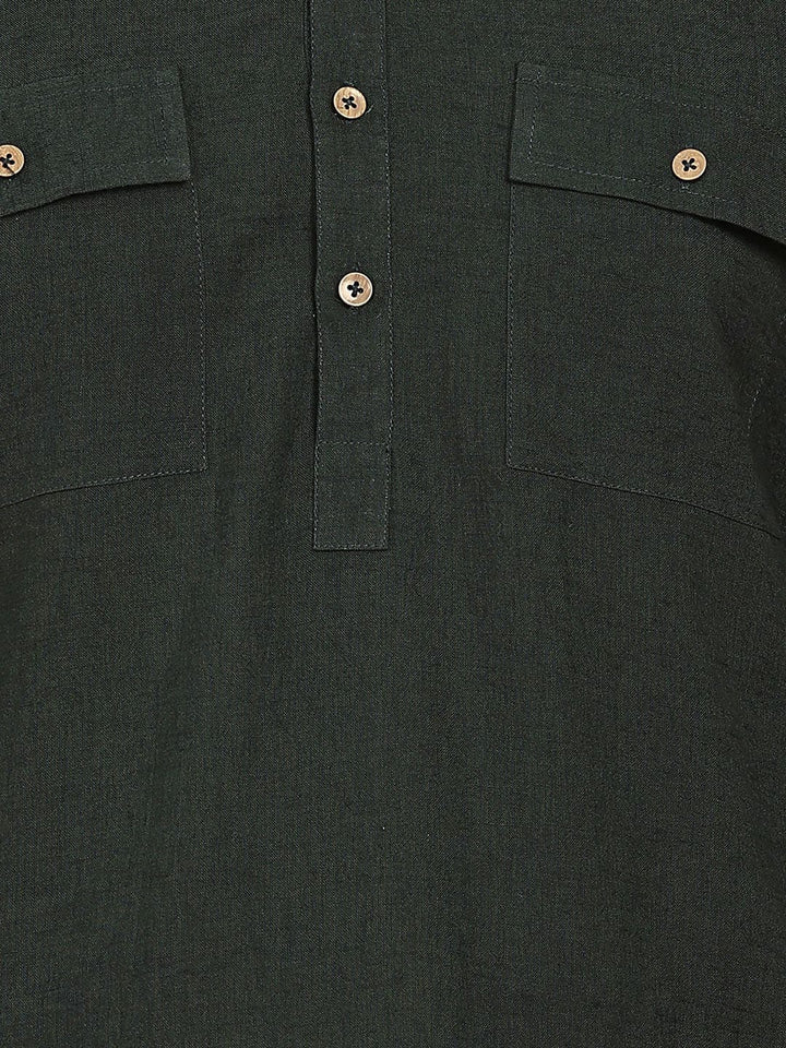 Men's Dark Green Linen Solid Pathani Co-ord Set