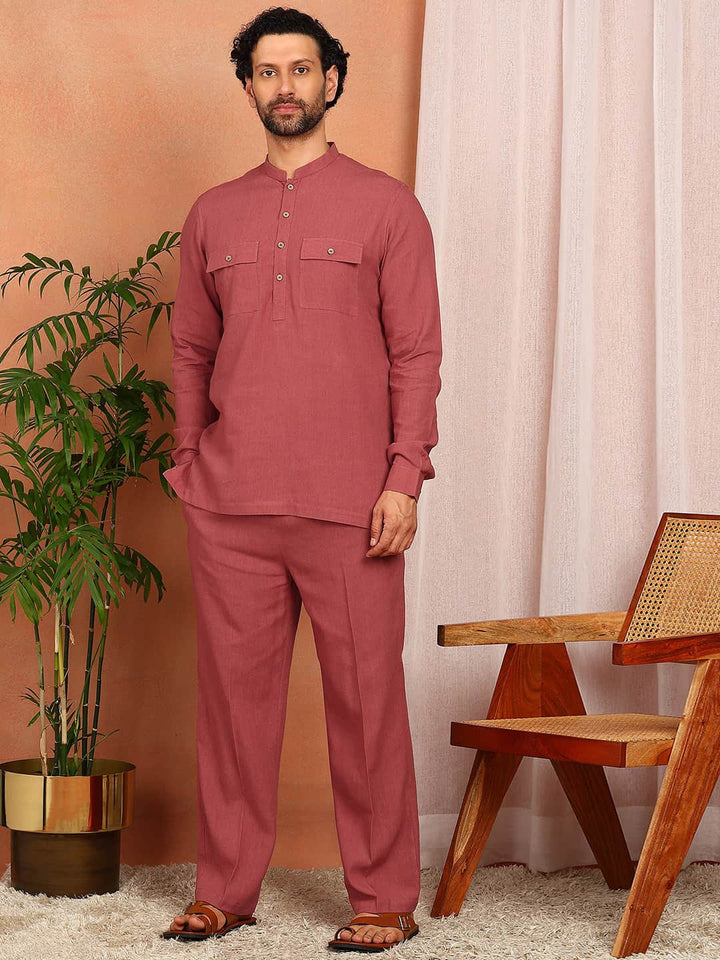 Men's Red Linen Solid Pathani Co-ord Set