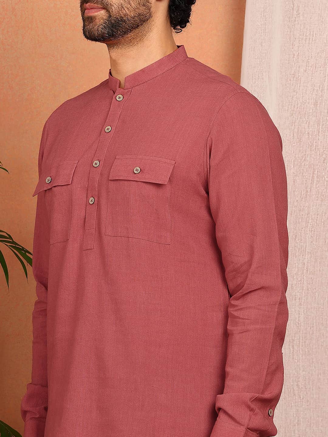 Men's Red Linen Solid Pathani Co-ord Set