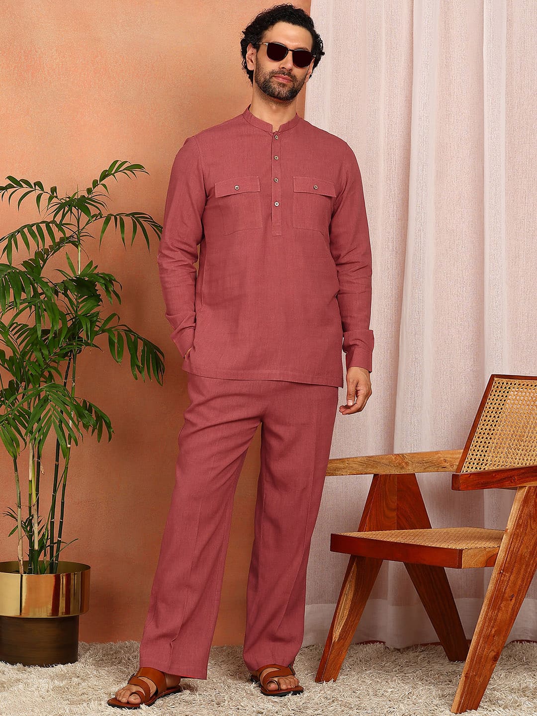 Men's Red Linen Solid Pathani Co-ord Set