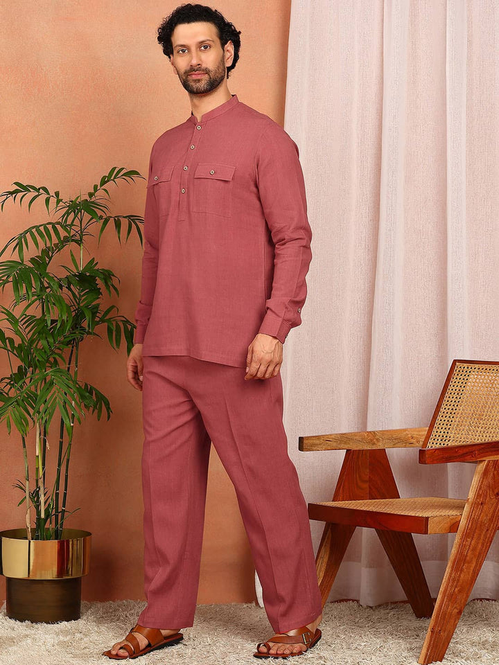 Men's Red Linen Solid Pathani Co-ord Set