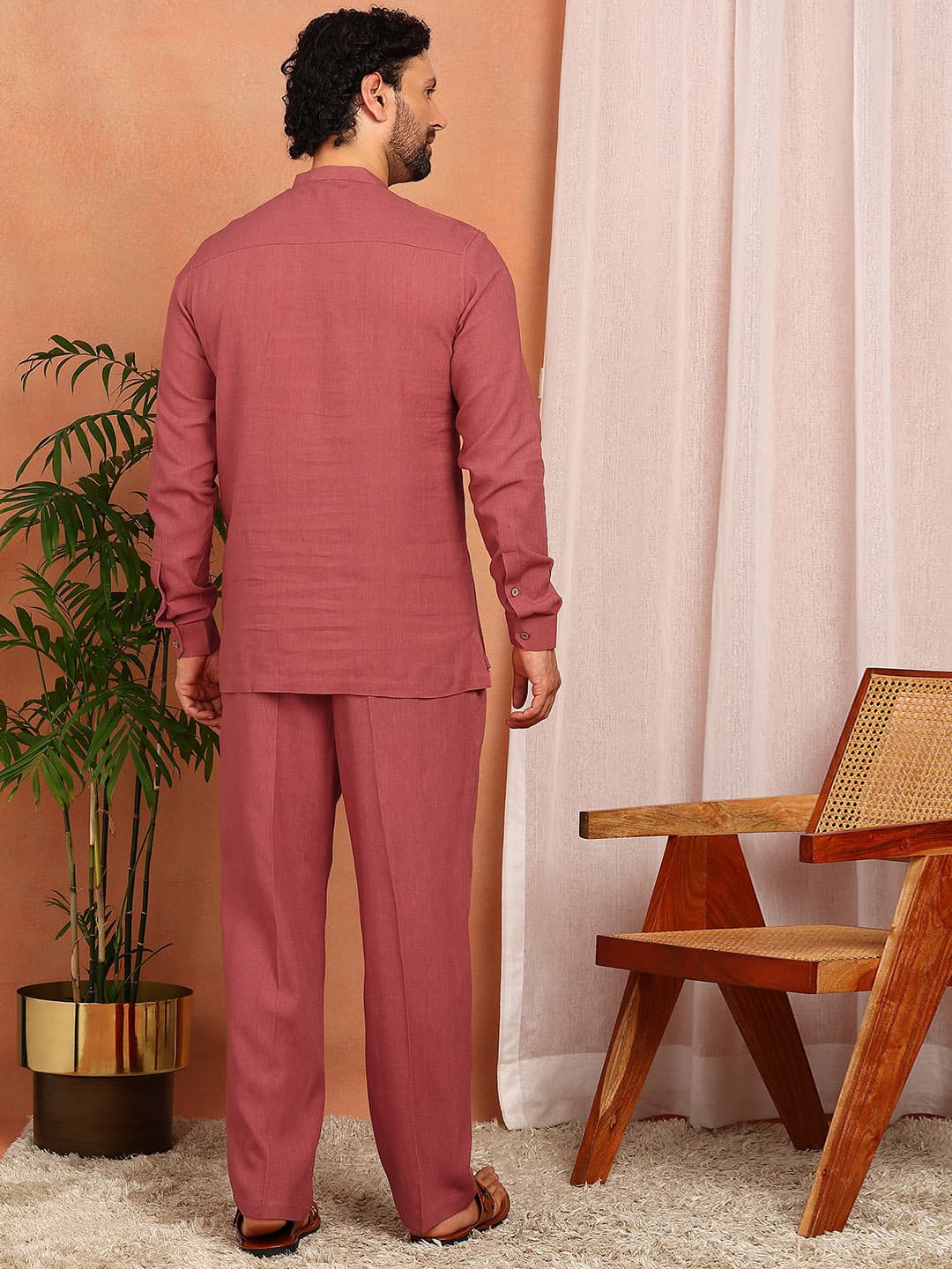Men's Red Linen Solid Pathani Co-ord Set