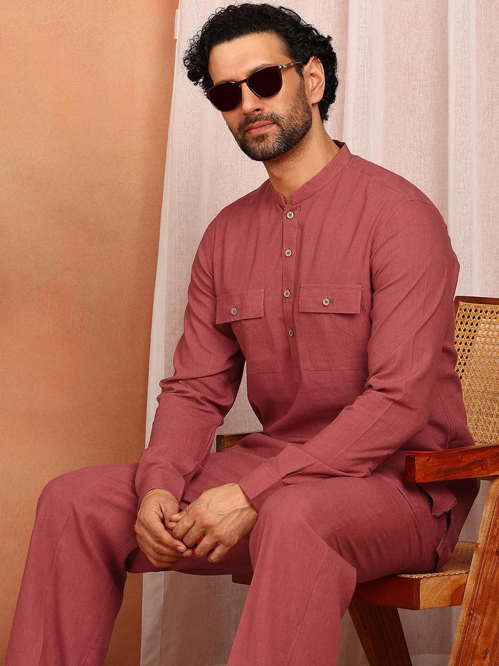 Men's Red Linen Solid Pathani Co-ord Set