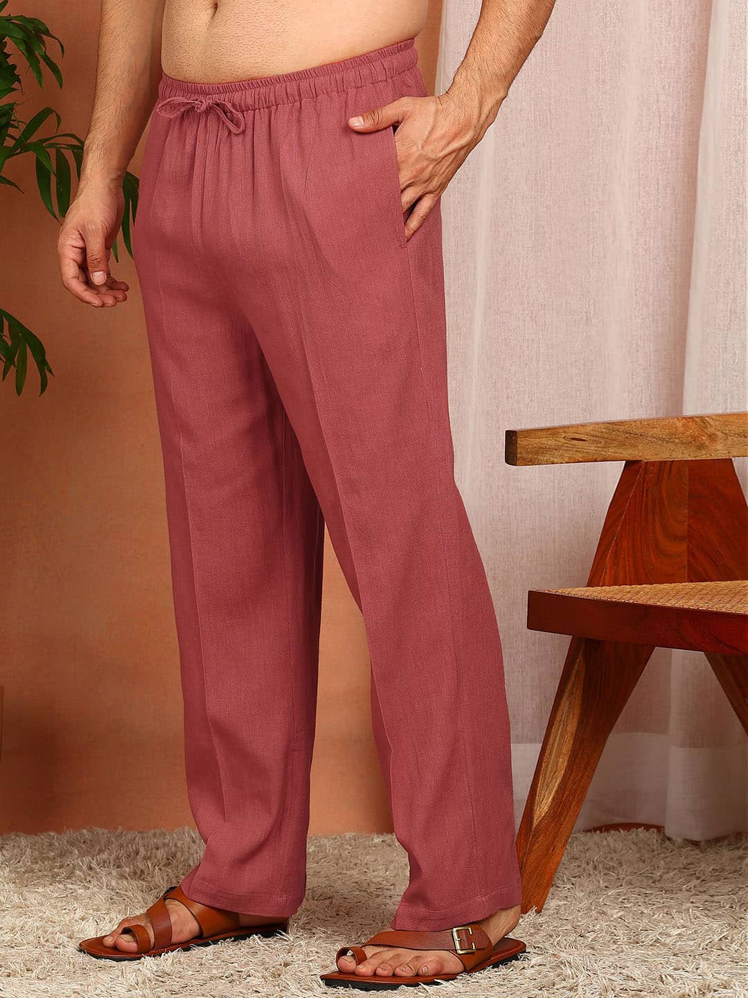 Men's Red Linen Solid Pathani Co-ord Set