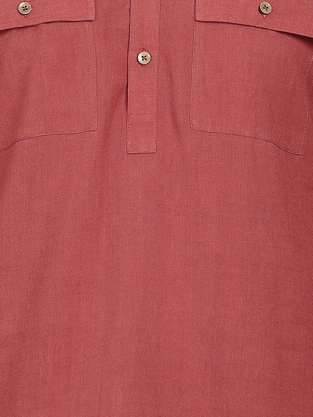 Men's Red Linen Solid Pathani Co-ord Set